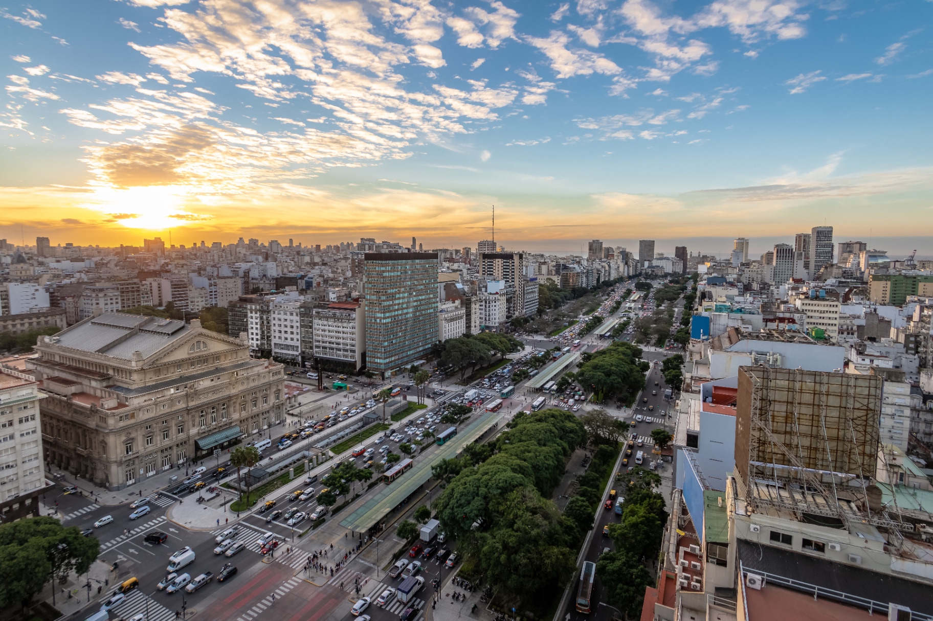 Aerial view of 9 de Julio Avenue in Buenos Aires at sunset