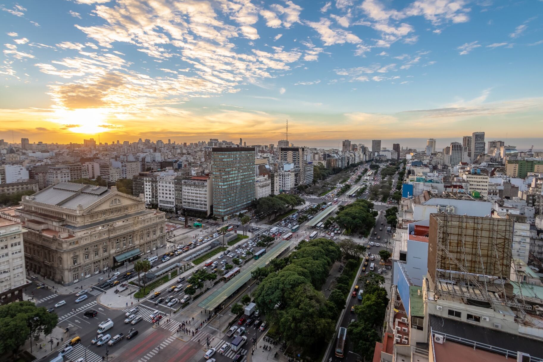 Aerial view of 9 de Julio Avenue in Buenos Aires at sunset