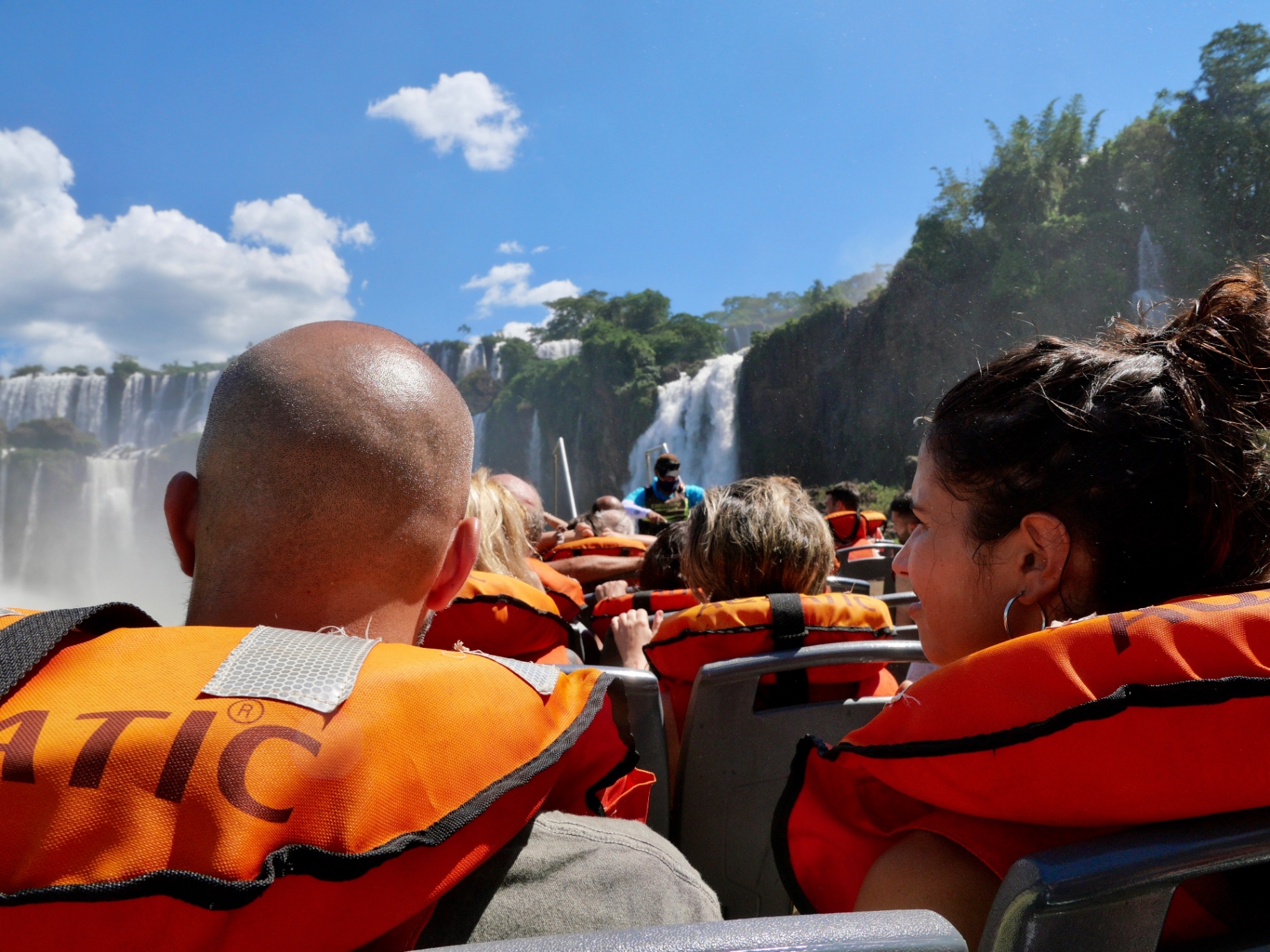Zodiac speedboat at the base of Iguazu Falls
