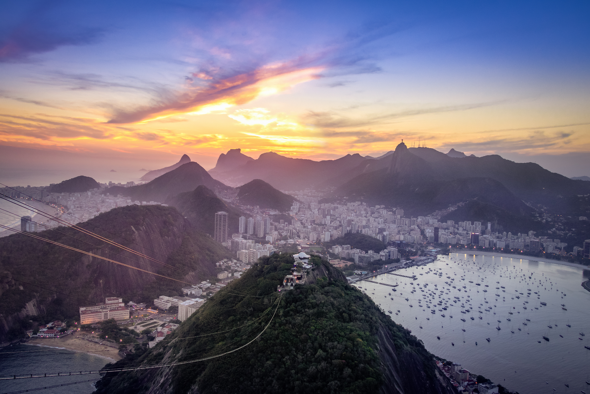 Rio skyline with Sugarloaf and Corcovado at sunset