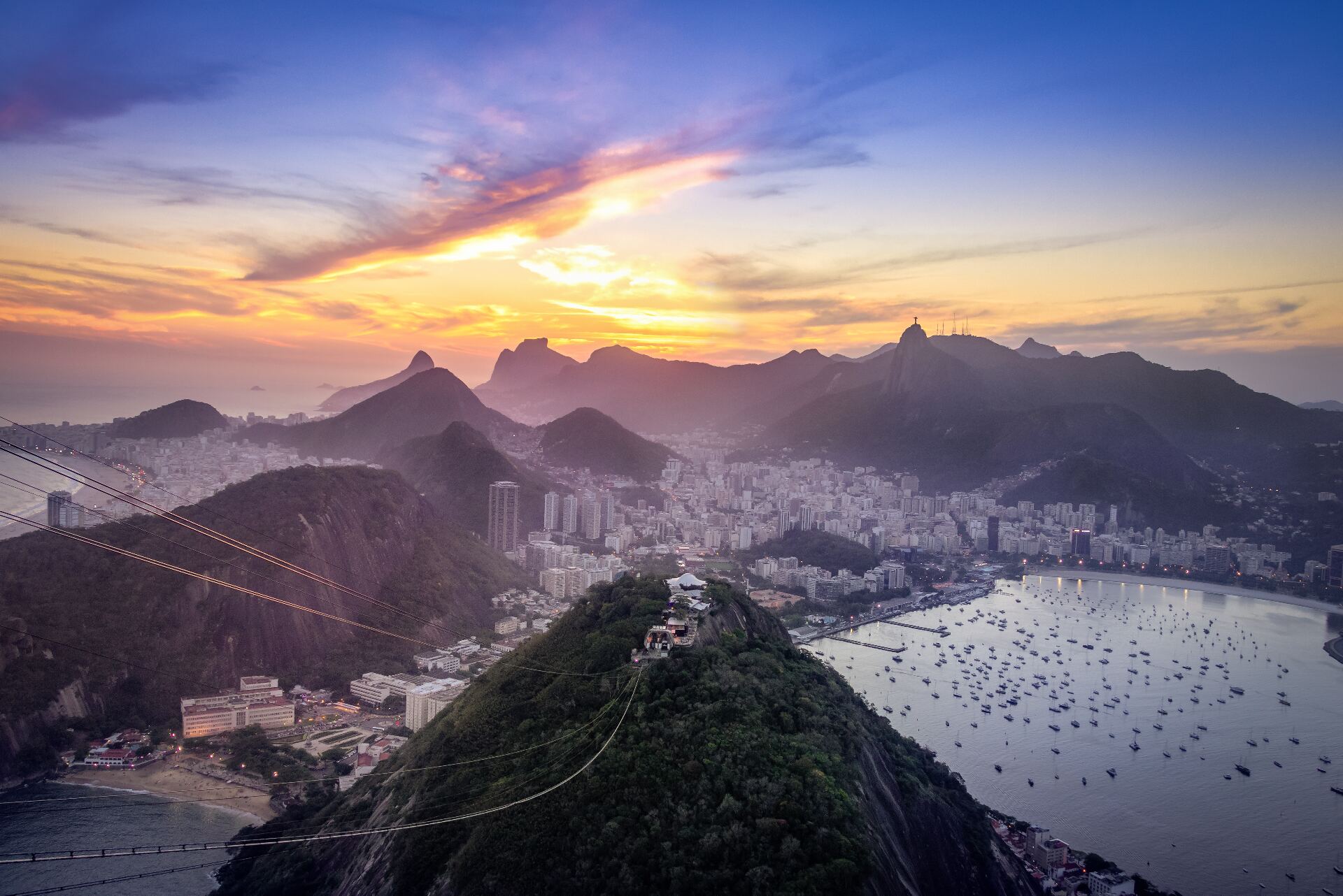 Rio skyline with Sugarloaf and Corcovado at sunset